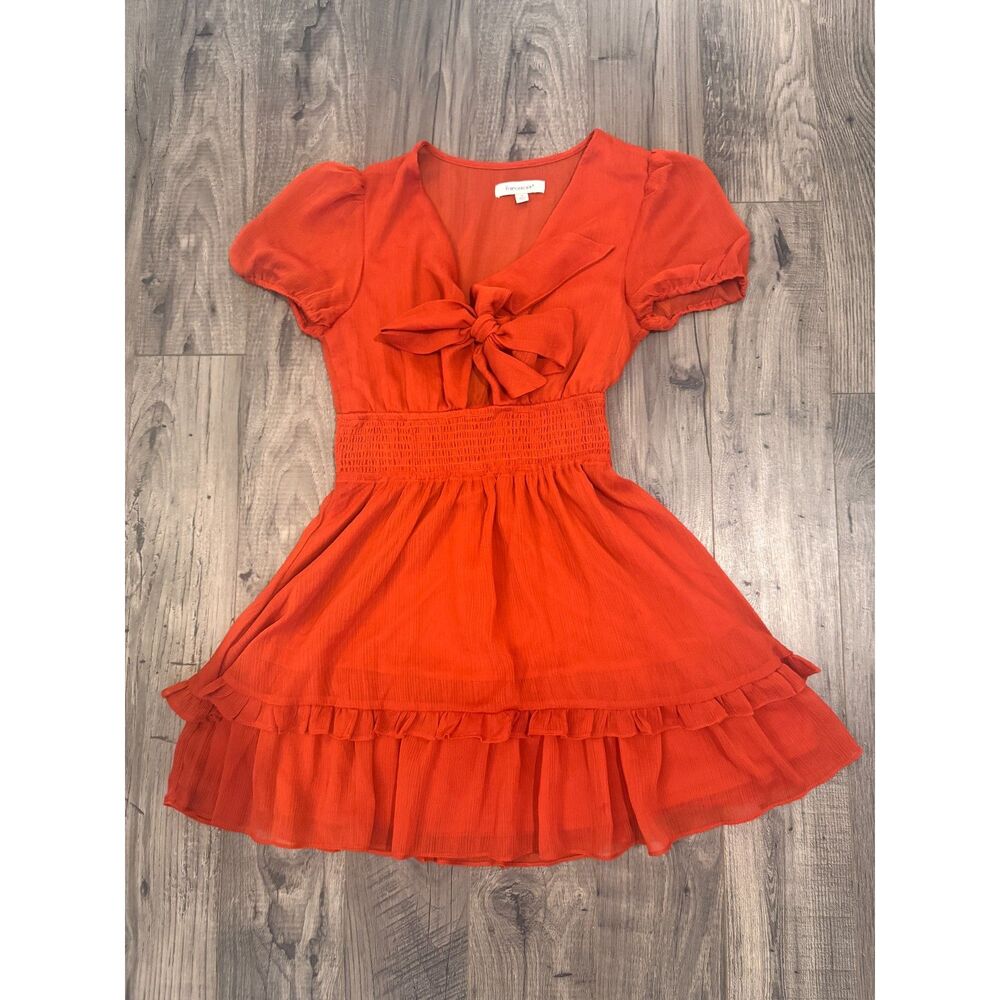 FRANCESCA'S S Rust Orange Tie Front Smocked Ruffle Mini Dress NWOT